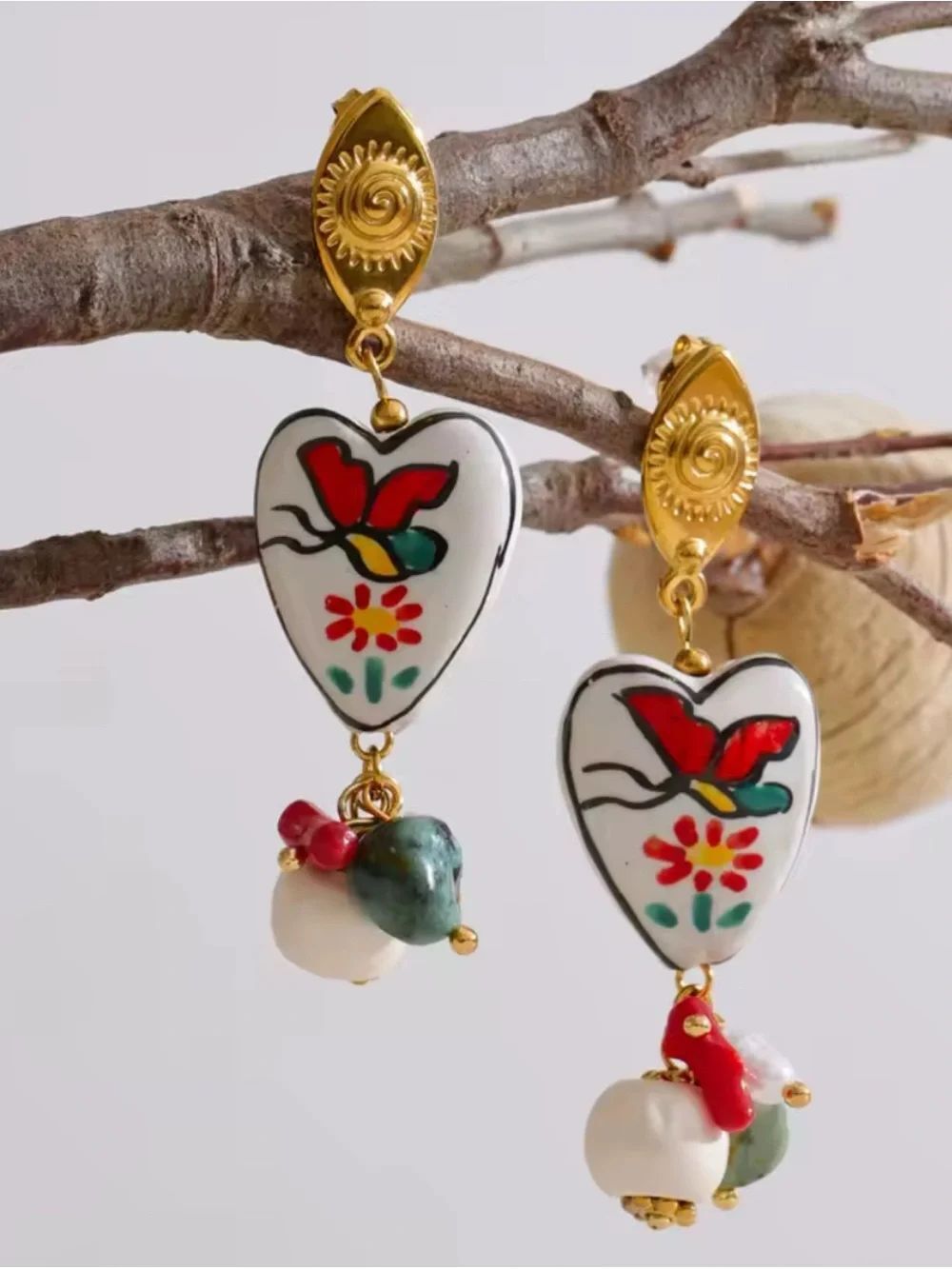Natural Stone Heart Drop Earrings ~ New